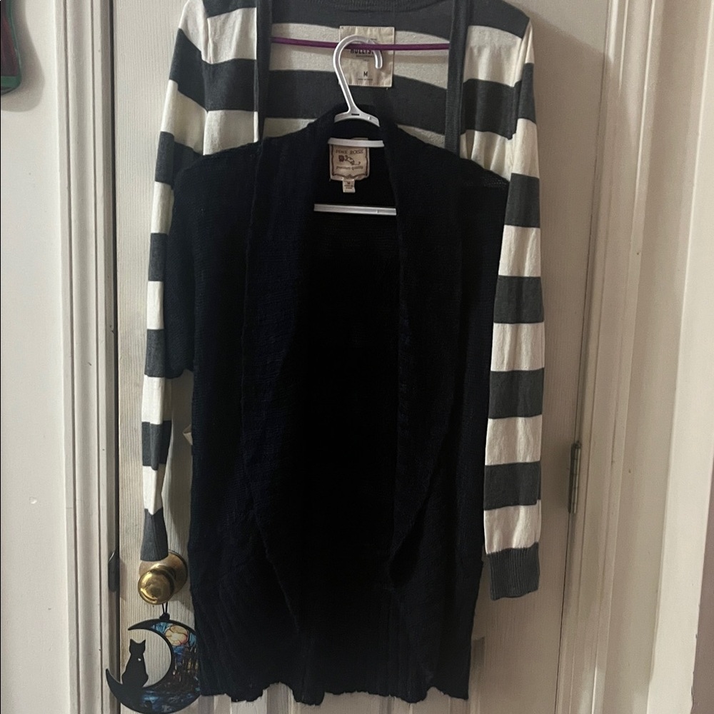 Hollister Grey and White Striped button up. Pink Rose navy blue cardigan.